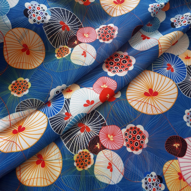 Mushroom Japanese upholstery fabric, blue modern fabric, Diy project fabric, modern circle fabric by the yard drapery fabric, chair fabric image 1