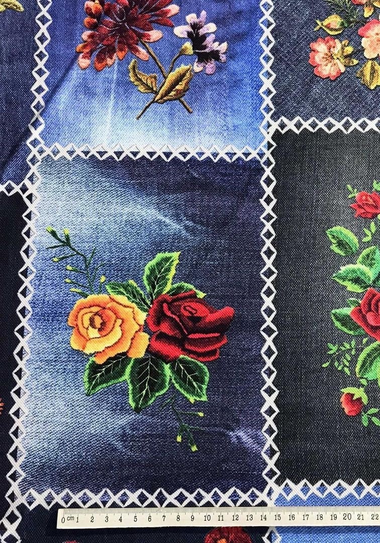 Denim Rose Print Fabric, Cross Stitch Patchwork Print Fabric ...