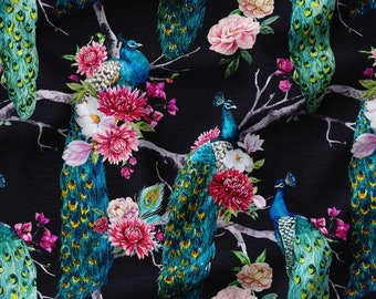 Türkisblauer Stoff mit Vögeln, Pfauenprint Stoff, Vintage rosa Blumenstoff, Polsterstoff, Vorhang, Stuhl, Ottomanen, Poufs Stoff