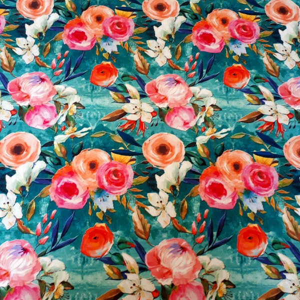 Oil paint - pink orange rose print fabric, floral turquoise fabric for upholstery, chair, cushion, curtain fabric by the yard