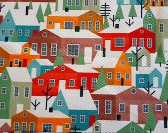 Scandinavian Houses print fabric,home fabric for upholstery, orange house, purple orange red green upholstery fabric,  curtain fabric