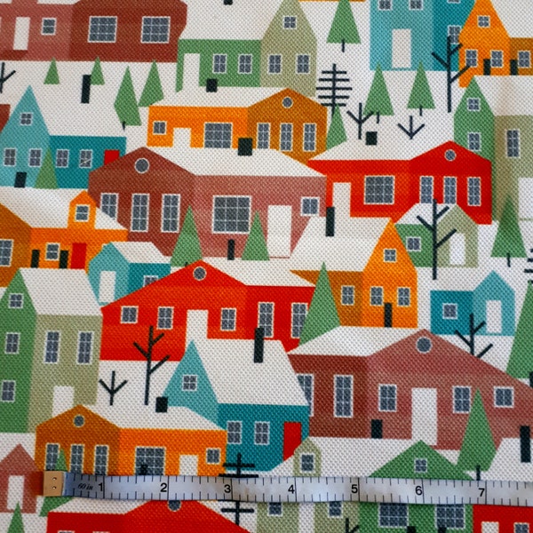 Scandinavian Houses print fabric,home fabric for upholstery, orange house, purple orange red green upholstery fabric,  curtain fabric