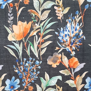 Watercolor blue orange flower green leaf color modern autumn pattern upholstery fabric for home decor, garden decor, for cushion, curtain