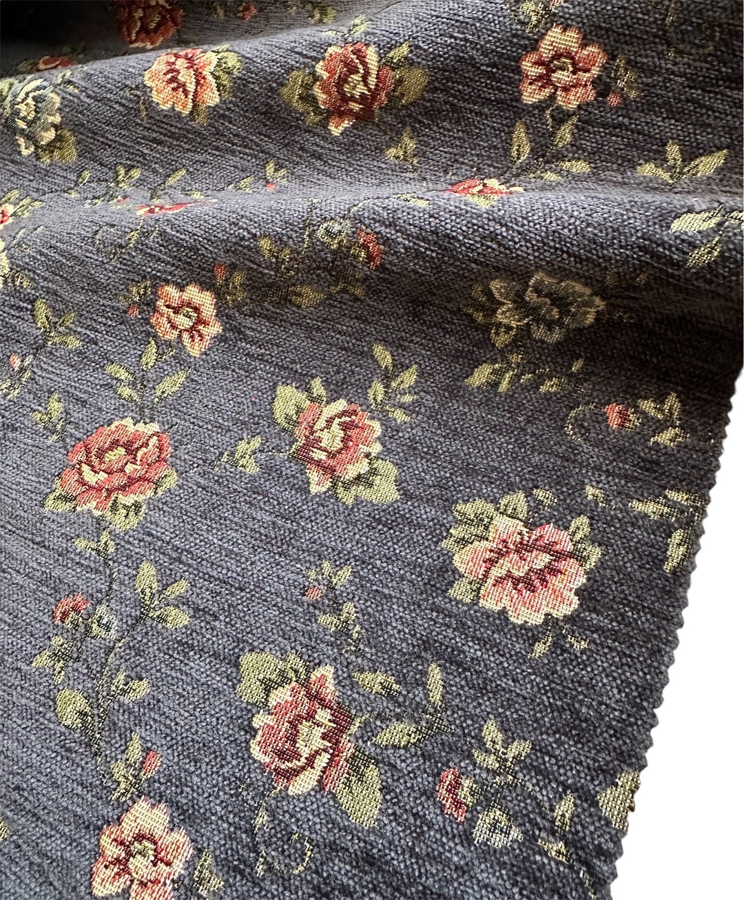 Gray Floral Vintage Fabric, Tapestry Woven Fabric, by the Yard