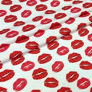 Red Lip print fabric by the yard upholstery fabric, pink lip lipstick, rouge kiss diy fabric, curtain fabric, DIY fabric, valentine's day