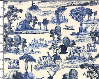 Tela Toile, Tela Toile de Jouy Azul, Tela de tapicería, Tela de estilo rústico para cortinas, sillas, sofás y sillones.