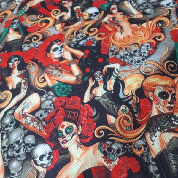 Katrina, tissu Day of The Dead, roses, têtes de mort, tatouage La Catrina, tissu, design mexicain Tissu pour textile de maison, pour votre projet personnalisé