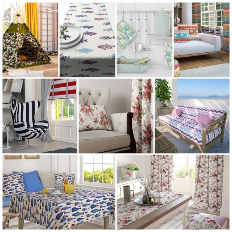 May include: A collage of images showcasing various home decor fabrics and patterns. The images include a variety of styles, such as floral, geometric, and nautical. The fabrics are shown in different applications, such as curtains, pillows, and tablecloths.