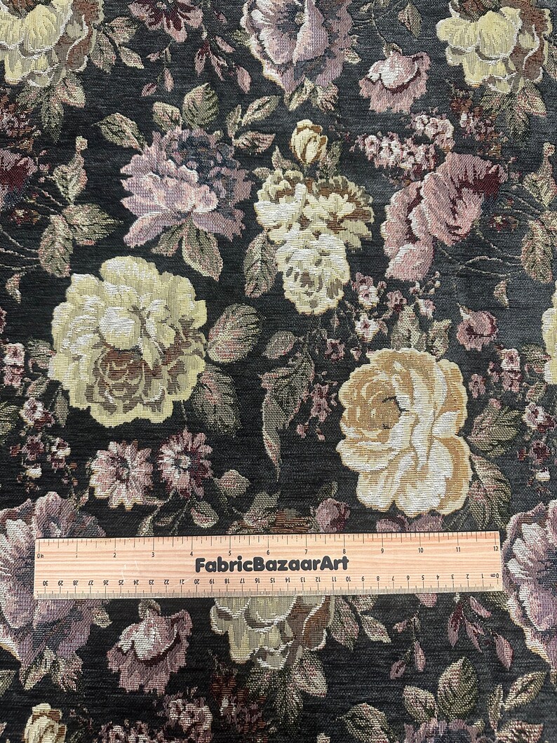 Green Floral Vintage Fabric, Tapestry Woven Fabric, by the Yard