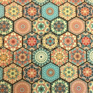 hexagon laticce fabric, authentic  Moroccan pattern  yellow orange turquoise  hexagon print fabric by the yard