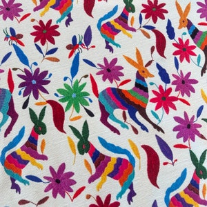 Otomi Mexican fabric Colorful flower leaf and rabbit deer print fabric, purple yellow red blue orange color, vintage fabrics for upholstery