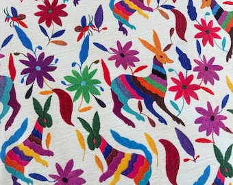 Otomi Mexican fabric Colorful flower leaf and rabbit deer print fabric, purple yellow red blue orange color, vintage fabrics for upholstery