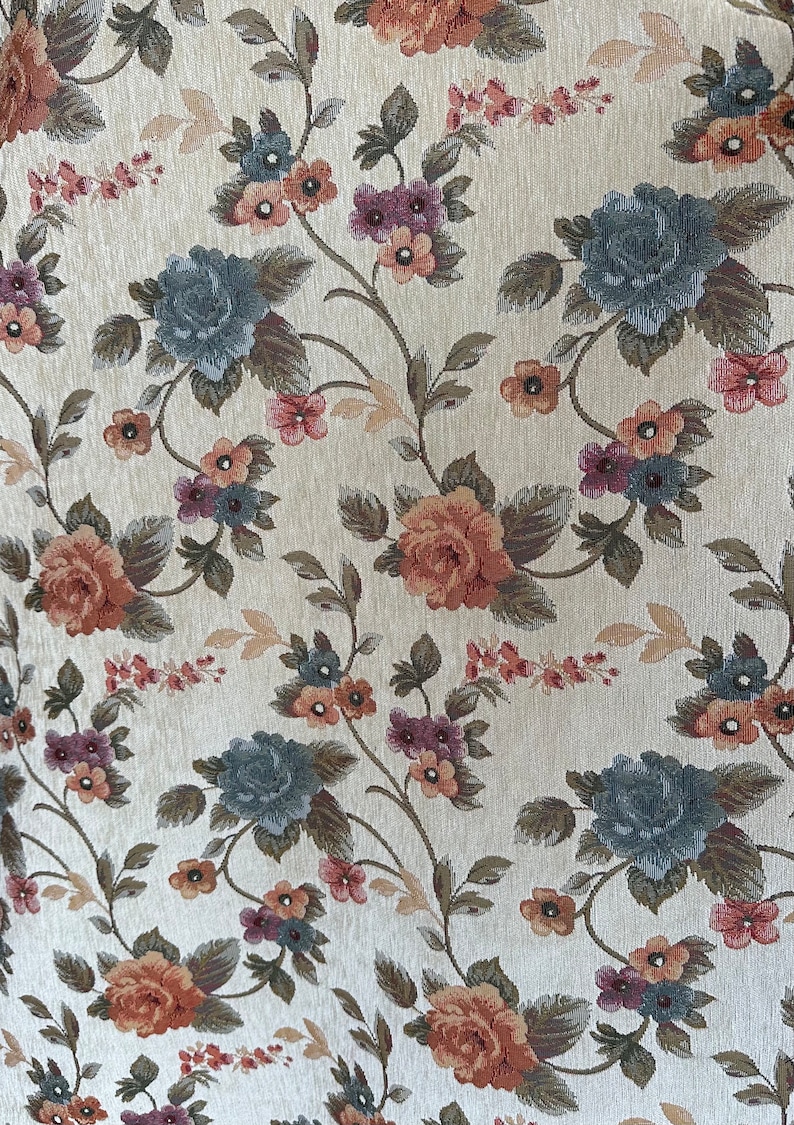 Burgundy Floral Vintage Fabric, Tapestry Woven Fabric, by the Yard