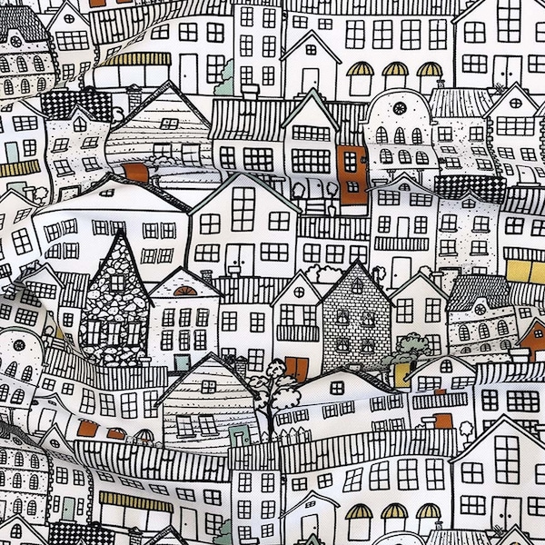 Modern Houses print fabric, city houses, modern scandinavian home print fabric for upholstery , orange house, yellow house,white house print