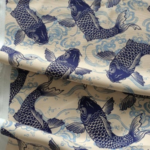 Blue Koi Fish Fabric by the Yard, Blue Fish Vintage Swimming Fish