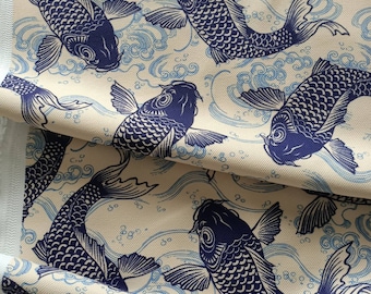 Blue koi fish fabric by the yard, blue fish vintage swimming fish fabric for upholstery, bag, home decoration, tan background