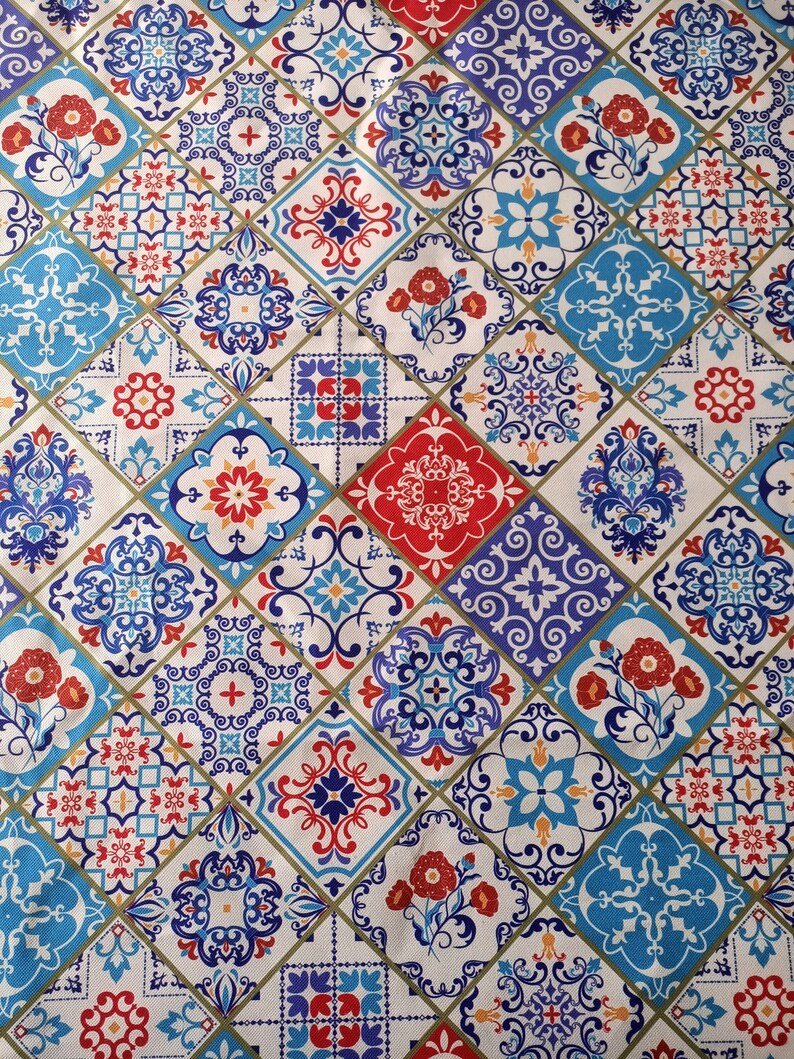 Spanish Tiles Print Fabric by the Yard Upholstery Blue White Etsy