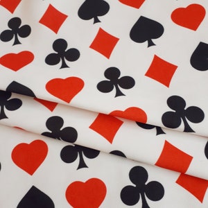 Tessuto stampato con simboli di carte da gioco, simboli di semi, semi di carte da gioco, tessuto stampato con casinò e Las Vegas per tende, cuscini, tessuti per tappezzeria