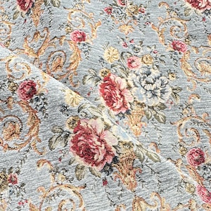 Light gray floral woven fabric, Victorian Romantic French Rose Garden Fabric by the Yard