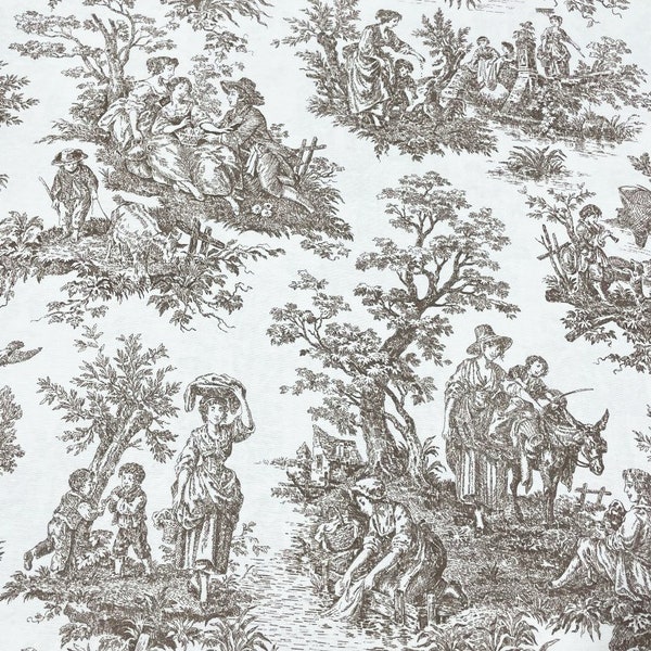 Brown Toile de Jouy fabric, french upholstery, cotton Fabric, vintage fabric, bag fabric, drapery fabric, by the yard, chair fabric