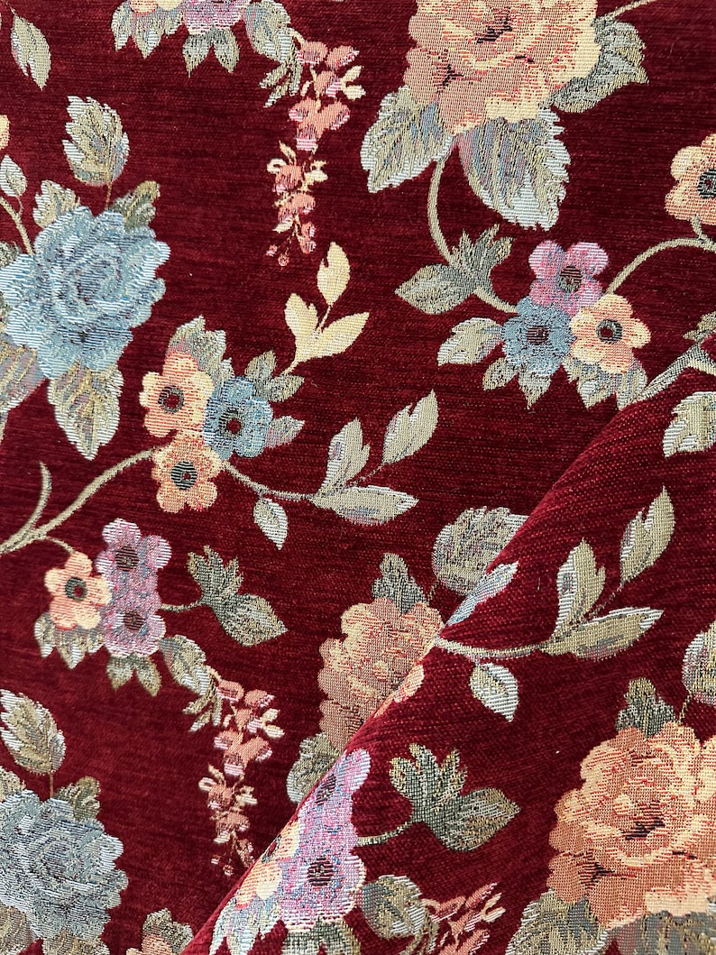 Burgundy Floral Vintage Fabric, Tapestry Woven Fabric, by the Yard