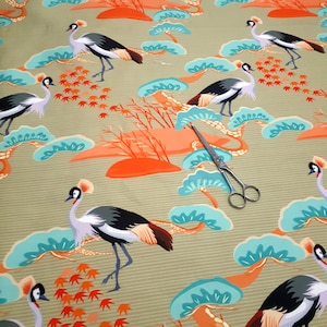 Kraanvogel oranje turquoise beige bekledingsstof, meubelstof, draperiestof, kraanstof, vintage decor, beige bekleding