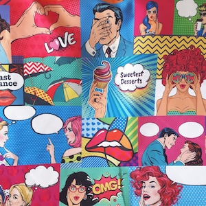Pop art, comic art book print fabric, woman man print upholstery fabric by the yard , funny art print vintage retro colorful fabric