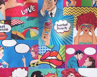 Pop art, comic art book print fabric, woman man print upholstery fabric by the yard , funny art print vintage retro colorful fabric