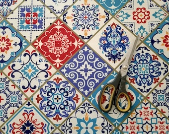 Mosaic Tile, Ceramic tile pattern print fabric, white blue red mosaic tile fabric, tile pattern fabric for upholstery curtain home textile