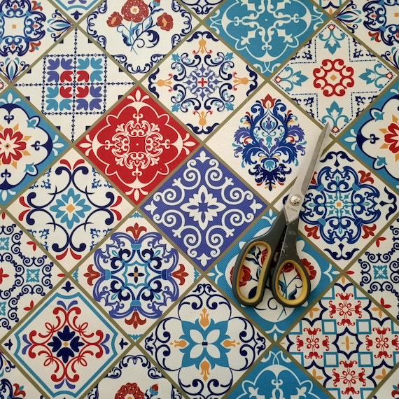 Mosaic Tile, Ceramic tile pattern print fabric, white blue red mosaic tile fabric, tile pattern fabric for upholstery curtain home textile