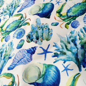 nautical fabric by the yard, seashell, crab, starfish, nautical decor sea summer pattern fabric for upholstery, couch chair home decor
