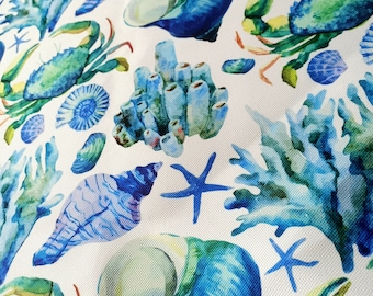 nautical fabric by the yard, seashell, crab, starfish, nautical decor sea summer pattern fabric for upholstery, couch chair home decor