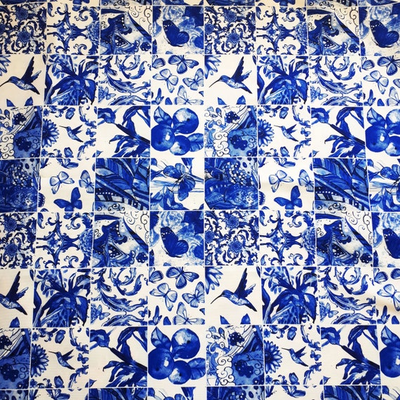 Tela de impresión de azulejos de cerámica azul tela de loza - Etsy España