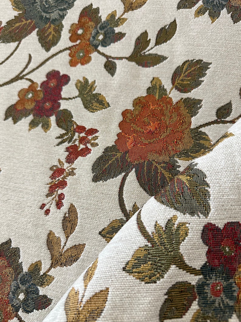 Burgundy Floral Vintage Fabric, Tapestry Woven Fabric, by the Yard