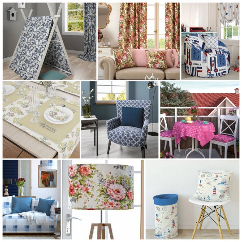May include: A collage of images showcasing various home decor items, including floral patterned curtains, a blue and white patterned armchair, a floral patterned lampshade, and a blue and white patterned throw pillow.