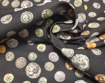 Seamless colored ancient coins pattern with black background, Vintage Silver and Gold Coins on Black Background Fabric, Royal Style Fabric