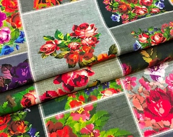 Cross stitch rose flower fabric, Patchwork print upholstery fabric, Crossstitch design fabric, pink rose fabric,rose fabric,by the yard