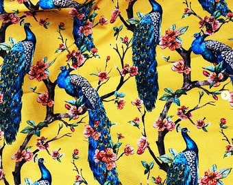 Peacock print fabric, yellow upholstery fabric, by the yard fabric, chair fabric, sofa fabric, curtain fabric, home decor fabric, DIY fabric