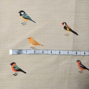 May include: A beige fabric with five embroidered birds. The birds are a blue and green bird, a yellow and red bird, an orange bird, a red and green bird, and a black and white bird. A ruler is placed below the birds.