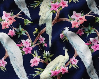 Tissu blanc oiseau paon, tissu pour rideaux vintage, tissu floral rose, rideau, tissu pour fauteuil, tissu artisanal, tissu exotique, tissu pour canapé
