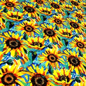 Sunflower fabric, floral fabric, upholstery fabric, blue yellow chair fabric, DIY fabric, costume fabric, canvas frame farbric, skirt fabric