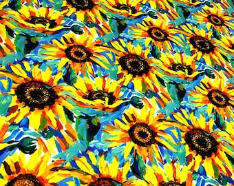 Sonnenblumenstoff, Blumenstoff, Möbelstoff, Stuhlstoff blau gelb, DIY Stoff, Kostümstoff, Leinwandrahmenstoff, Rockstoff