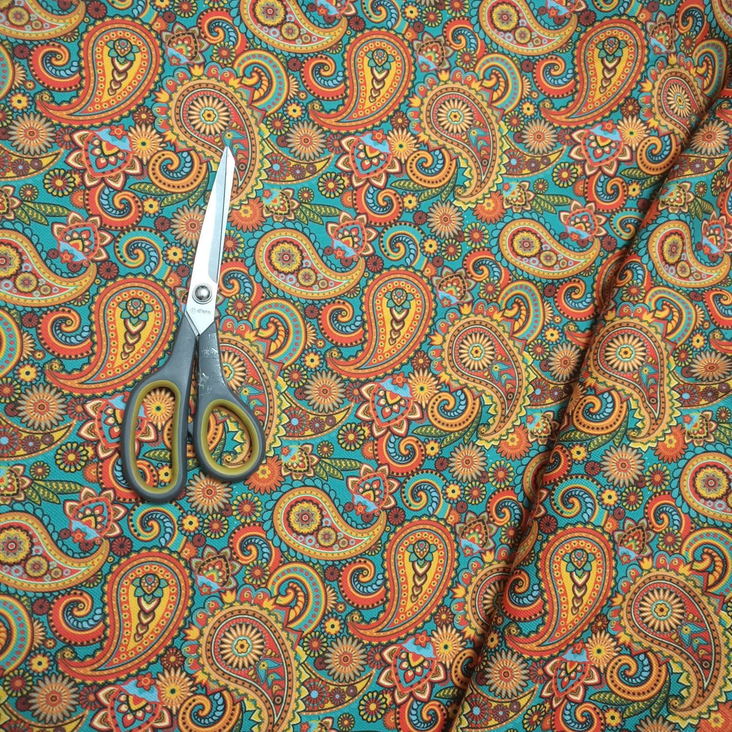 Hippie Paisley Fabric, Orange Brown Paisley Fabric,1960s 1970s
