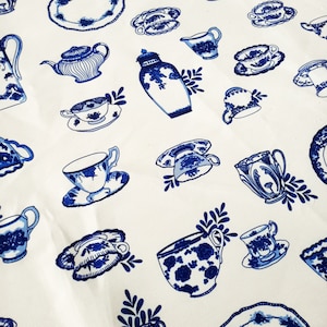 Blue vintage fabric, faience porcelain, bowl, pot, plate print teapot pitcher fabic, for upholstery by the yard for home decor