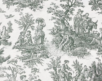 French Toile de Jouy fabric, green cotton upholstery Fabric, Retro fabric, craft fabric, lampshades fabric, curtain fabric, chair fabric