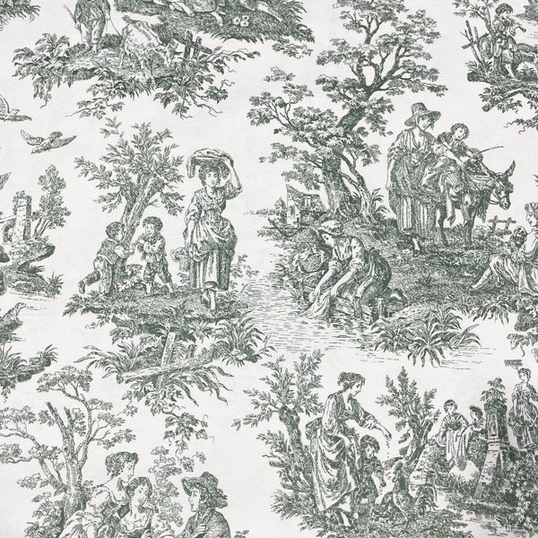 French Toile de Jouy fabric, green cotton upholstery Fabric, Retro fabric, craft fabric, lampshades fabric, curtain fabric, chair fabric