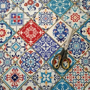 Spanish tiles print fabric by the yard upholstery, Blue White Red Azulejo turquoise faience tile print fabric for home textile