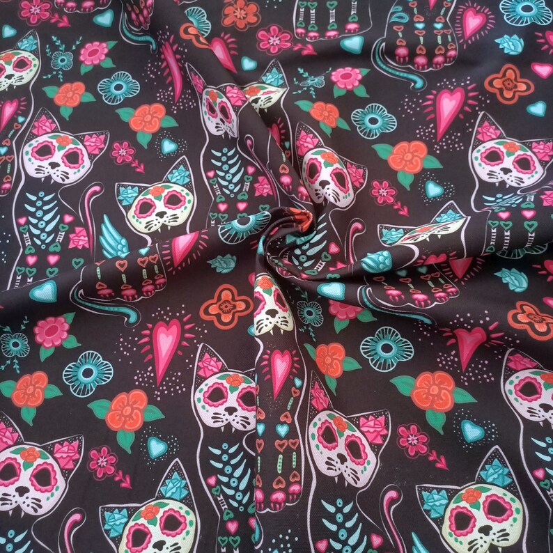 pillow fabrics Skull cat comic flower with skull,Halloween mexican design Fabric for home textile product cranium brainpan home decor