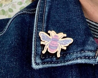 Honey Bee wooden pin badge