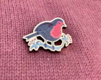 Festive Mr Robin wooden pin badge